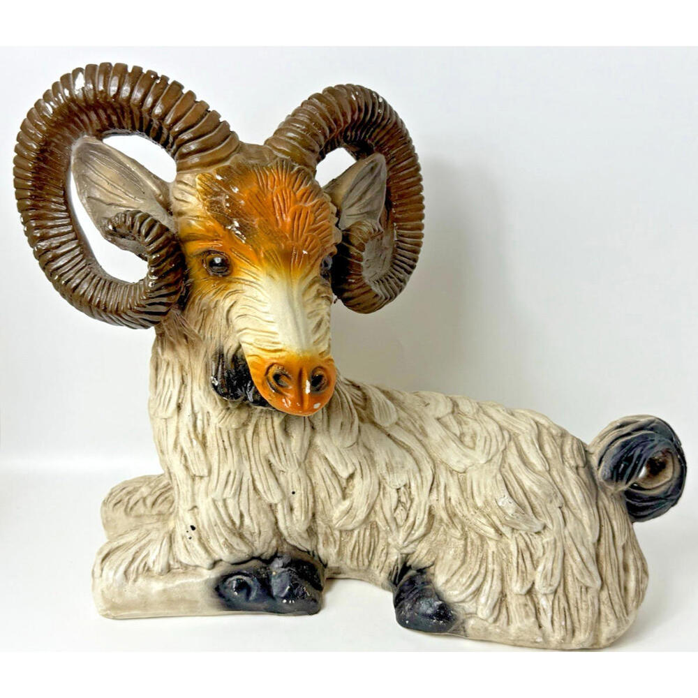Vintage ARIES Ram Resting Sheep Goat Chalkware Statue Sculpture Horns Farm